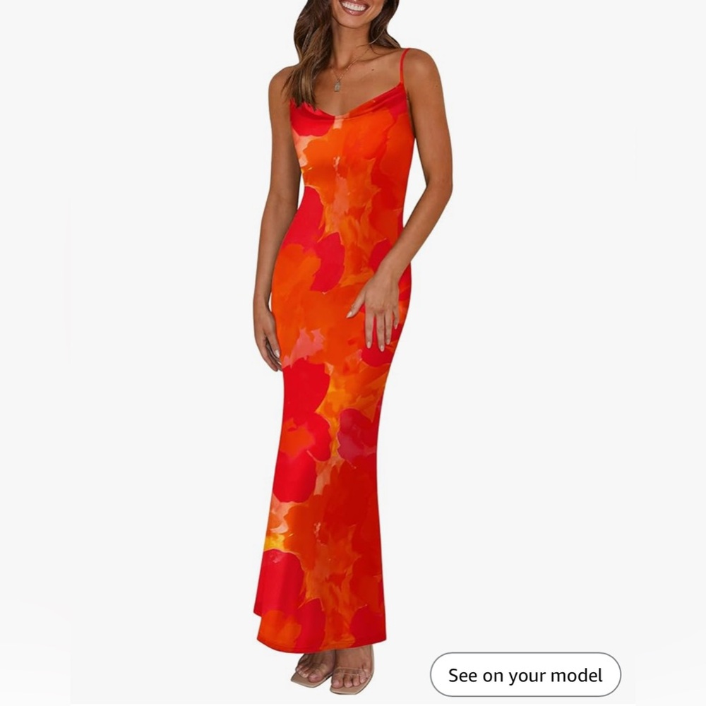 Red and Orange Floral Spaghetti Strap Bodycon Long Dress
